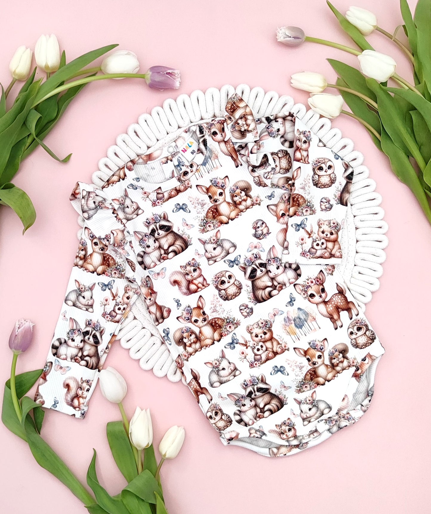 Woodland animals long sleeve bodysuit
